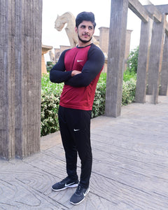 Men’s Premium Nike Style Sports Tracksuit – Black & Maroon Contrast Design
