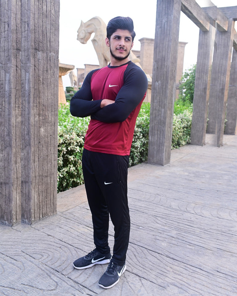Men’s Premium Nike Style Sports Tracksuit – Black & Maroon Contrast Design