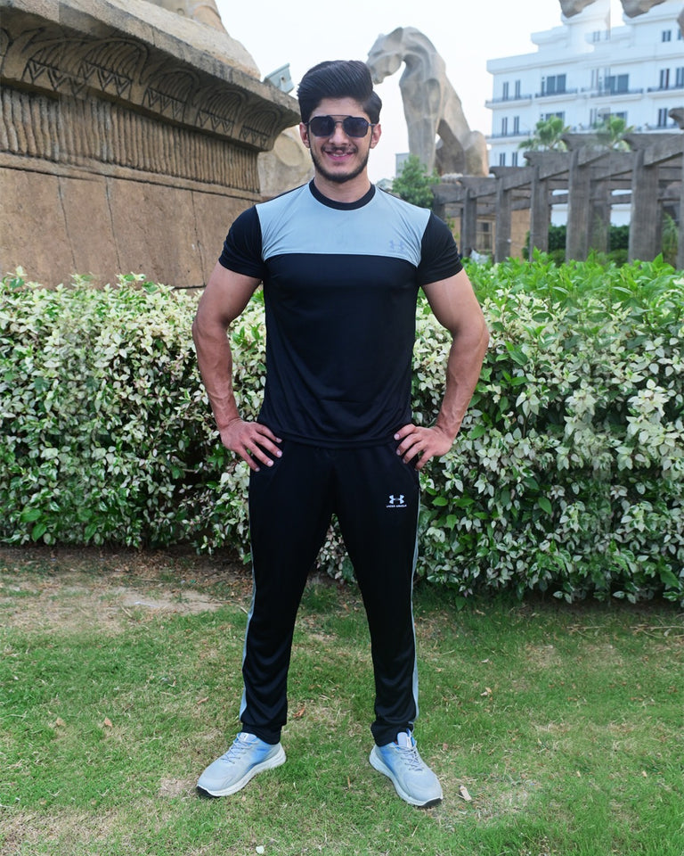 Men’s Premium Under Armour Style Sports Tracksuit – Black & Grey Contrast Design
